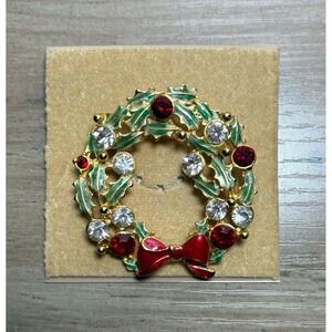NEW Christmas Wreath Brooch Gold Red Green Rhinestone Enamel Womens